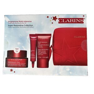 CLARINS Super Restorative Collection Day & Night Cream,Eye Lift, Bag 4Pc Set NEW